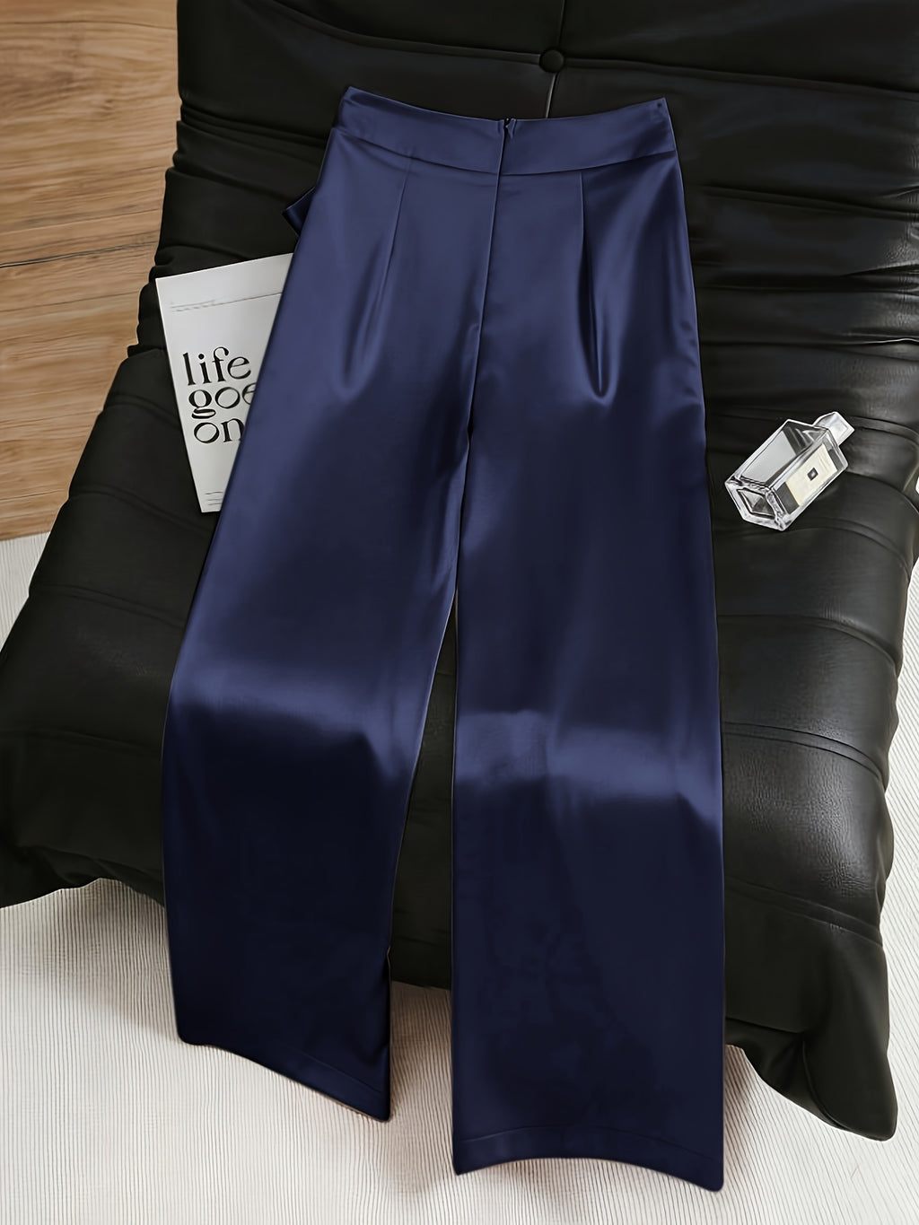 Women'S Fashion Commuter Satin Irregular Lace Bow Zipper Wide-Leg Long Pants - Navy blue color