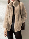 Solid Color Plush Coat, Stand Collar Thick Warm Zipper Drawstring Loose Women'S Coat - Khaki