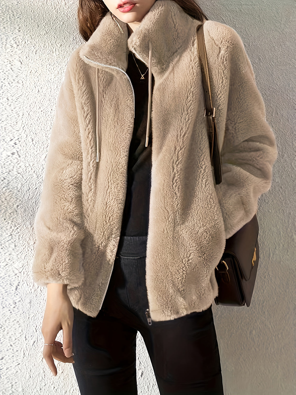 Solid Color Plush Coat, Stand Collar Thick Warm Zipper Drawstring Loose Women'S Coat - Khaki