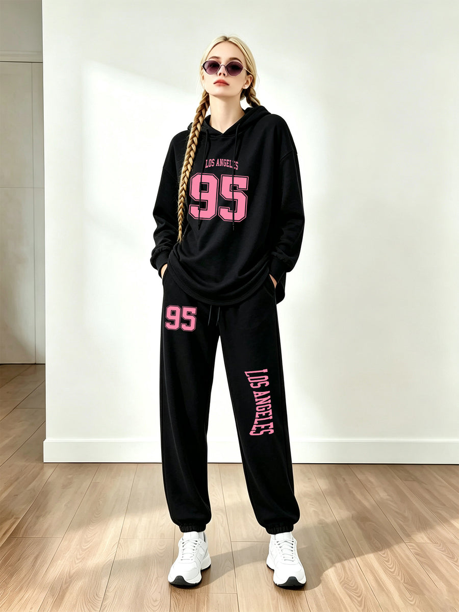 Women'S Los Angeles Print Two-Piece Tracksuit - Casual Oversized Long Sleeve Hoodie And Drawstring Elastic Waist Jogger Pants Set, Comfortable Athleisure Loungewear - Perfect for Daily Wear, Sports, Gym, Vacation, And Gift for Her - Black