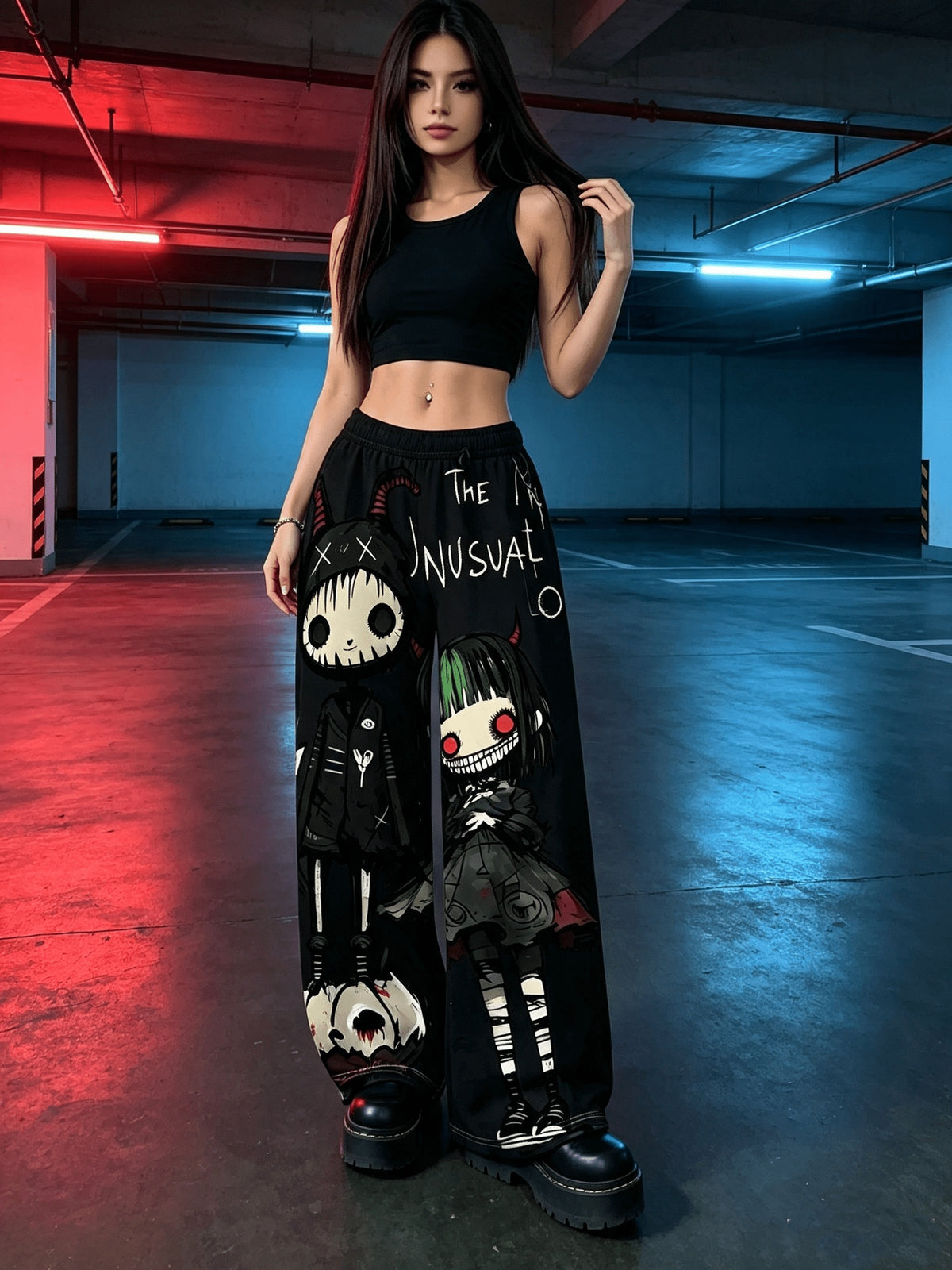 Women'S Digital Print Spring Summer Autumn Retro Horror Doll Cartoon Printed Women'S Trousers, Punk Y2K Subculture Loose Drapey Wide-Leg Pants - Black