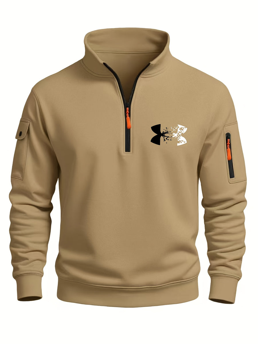 2026 Autumn/Winter New Men's Stand Collar Half-Zip Sweatshirt, Distressed Print, Workwear Style Multi-Pocket Design, Wear-Resistant and Wrinkle-Resistant Fabric, Sleek Cut Without Bulk, Combining Workwear Practicality with Casual Attire Adaptability - Khaki 1