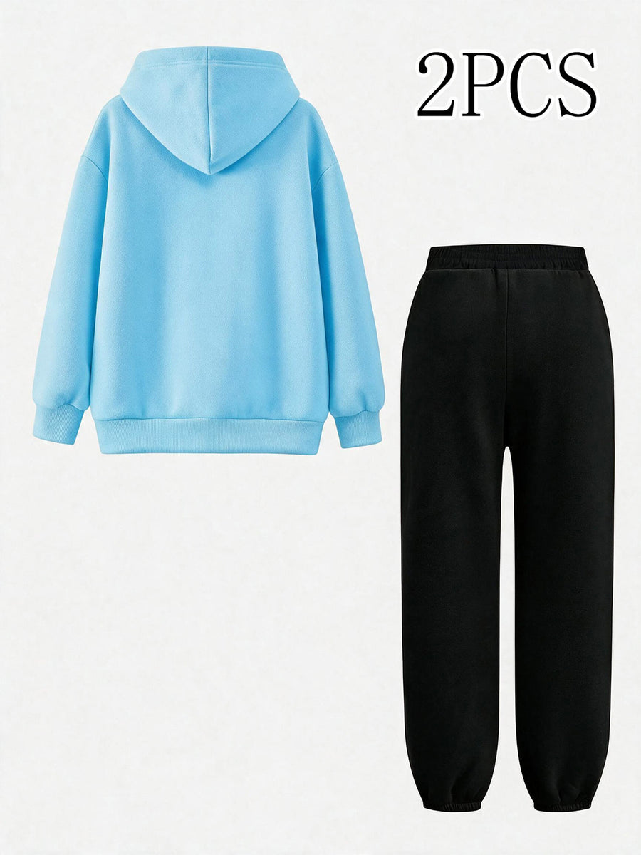2pcs Value Pack: Stylish and Elegant Y2K Style Sportswear for Women, Suitable for Spring, Autumn, and Winter. Hooded -Lined Sweatshirt + -Lined Long Pants Set. 2pcs Outfit for Indoor and Outdoor Wear. Geometric Print Hooded Top and Long Pants Set. - Sky Blue+Black