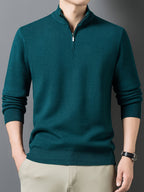 1pc Men'S Solid Color Small Stand Collar Knit Pullover Autumn Winter Zipper Casual Fleece Warm Top - Dark Green