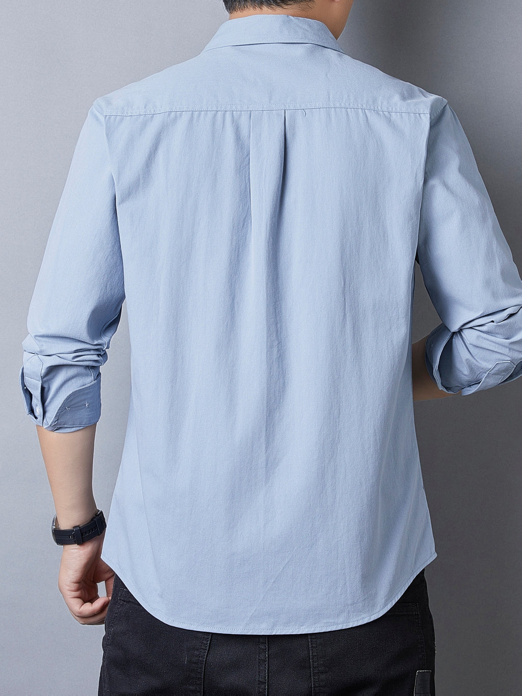 Men's Casual Pure Cotton Long-Sleeve Shirt for Spring and Autumn, Solid Color Simple Lapel Single-Pocket Shirt for Daily Commuting, Work, and Dating, Men's Top - Light Blue