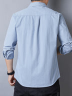 Men's Casual Pure Cotton Long-Sleeve Shirt for Spring and Autumn, Solid Color Simple Lapel Single-Pocket Shirt for Daily Commuting, Work, and Dating, Men's Top - Light Blue