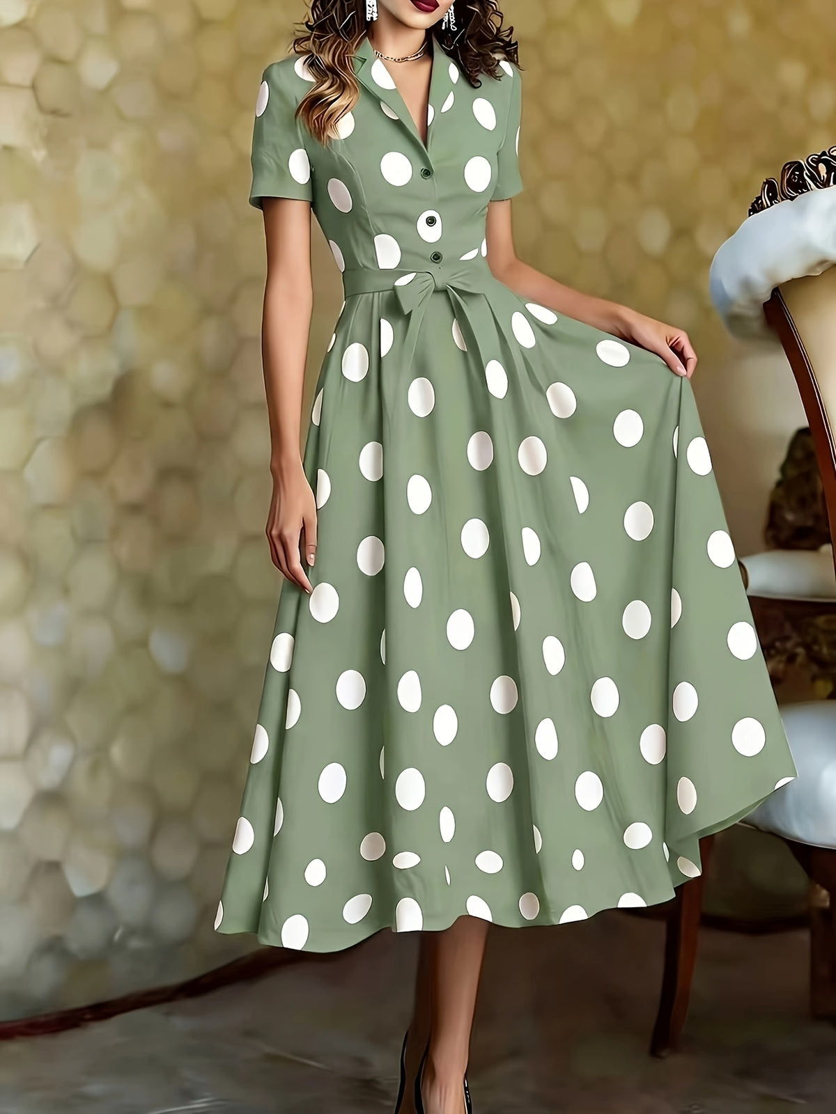 2026 Mid-Length Dress, Short Sleeve, Cape Neckline, Polka Dot Pattern, Button-Up Design, French Retro Style, White - Pea Green Color