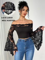 Women's Off-the-Shoulder Lace Spliced Bell Sleeve Top - Semi-Sheer Slim Fit Blouse for Spring/Summer, Casual & Party Wear, Machine Washable Elegant Tops, Spring Summer Apparel, Delicate Fabric Design - Black