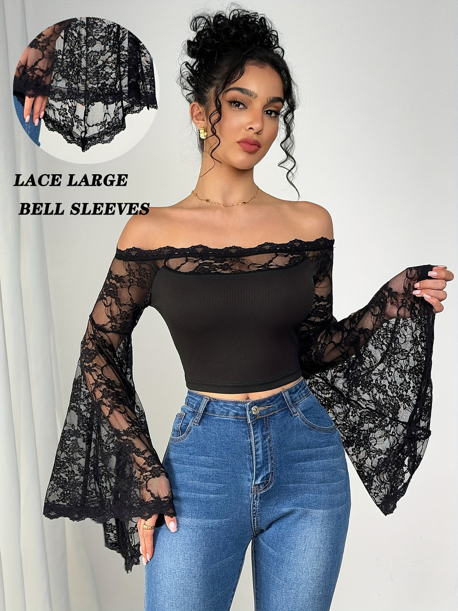 Women's Off-the-Shoulder Lace Spliced Bell Sleeve Top - Semi-Sheer Slim Fit Blouse for Spring/Summer, Casual & Party Wear, Machine Washable Elegant Tops, Spring Summer Apparel, Delicate Fabric Design - Black