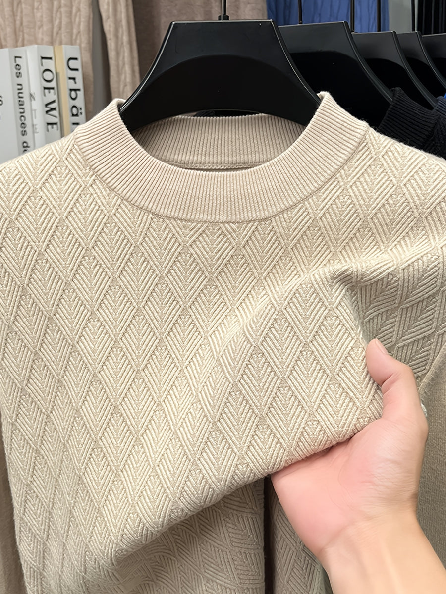 Autumn/Winter Men's Slim Fit Half-Turtleneck Diamond Pattern Solid Color Knit Pullover Base Layer, Simple and Warm - Beige Apricot
