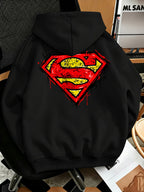 Men'S Fashion Sweatshirt, Retro Distressed Cracked Graffiti Superman Logo Print Design, Men'S Trendy Hoodie Loose Fit, Adjustable Drawstring, Fleece-Lined Sweatshirt Comfortable Fall Winter Wear, Outdoor Sports Casual Trendy Clothing - Black