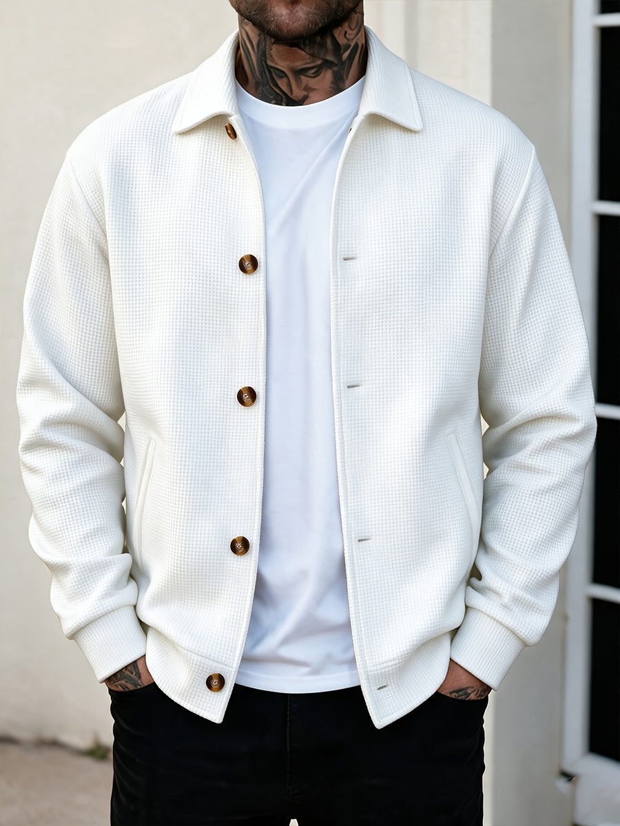 Men's Waffle Check Lapel Shirt-Style Jacket, Lightly Mature Minimalist Style, Checkered Waffle Fabric, Single-Breasted Closure, Side Seam Pockets, Versatile Casual Top Jacket for Men's Spring/Autumn Shopping and Dating Winter Clothes for Men - White