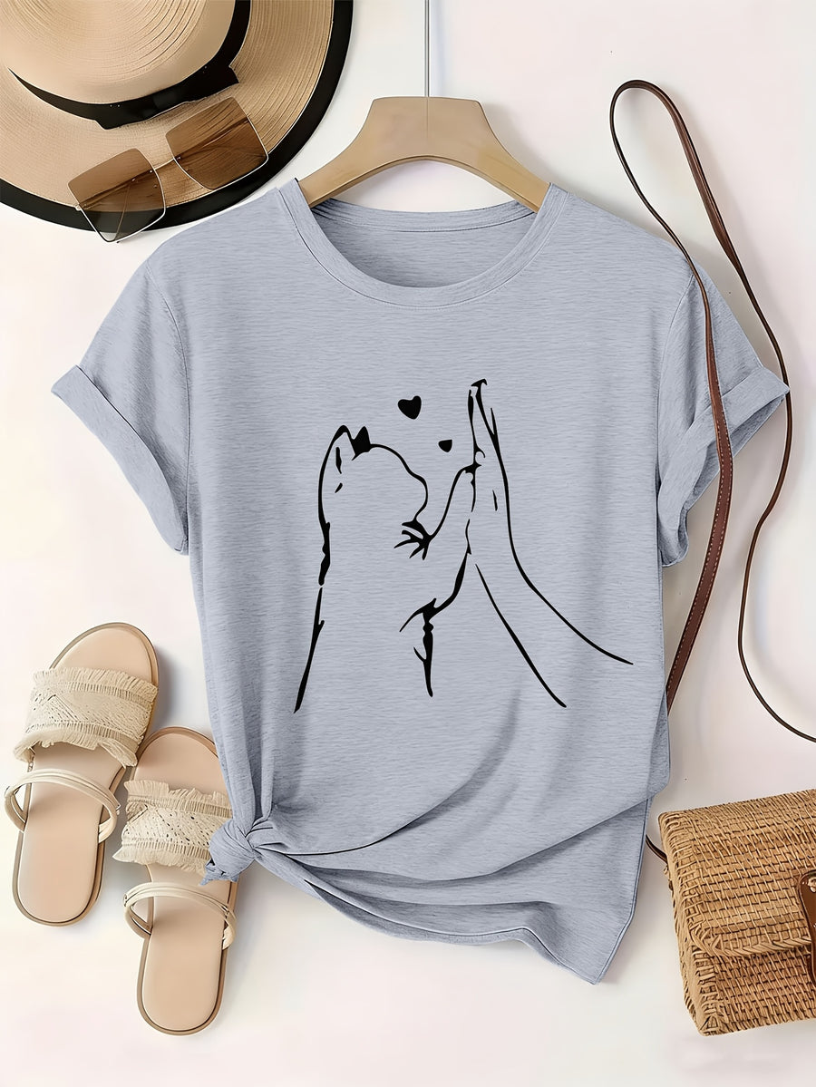 Women'S Fashion Pattern Printed T-Shirt, Round Neck Top, Casual Short Sleeve Top, Comfortable And Soft Knitwear - Light Grey