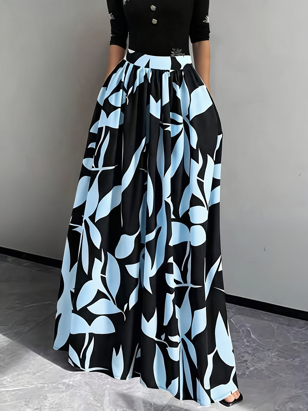 New Spring/Summer/Autumn Women's Printed High-Waist A-Line Skirt, Summer Vacation Dress - Light Blue