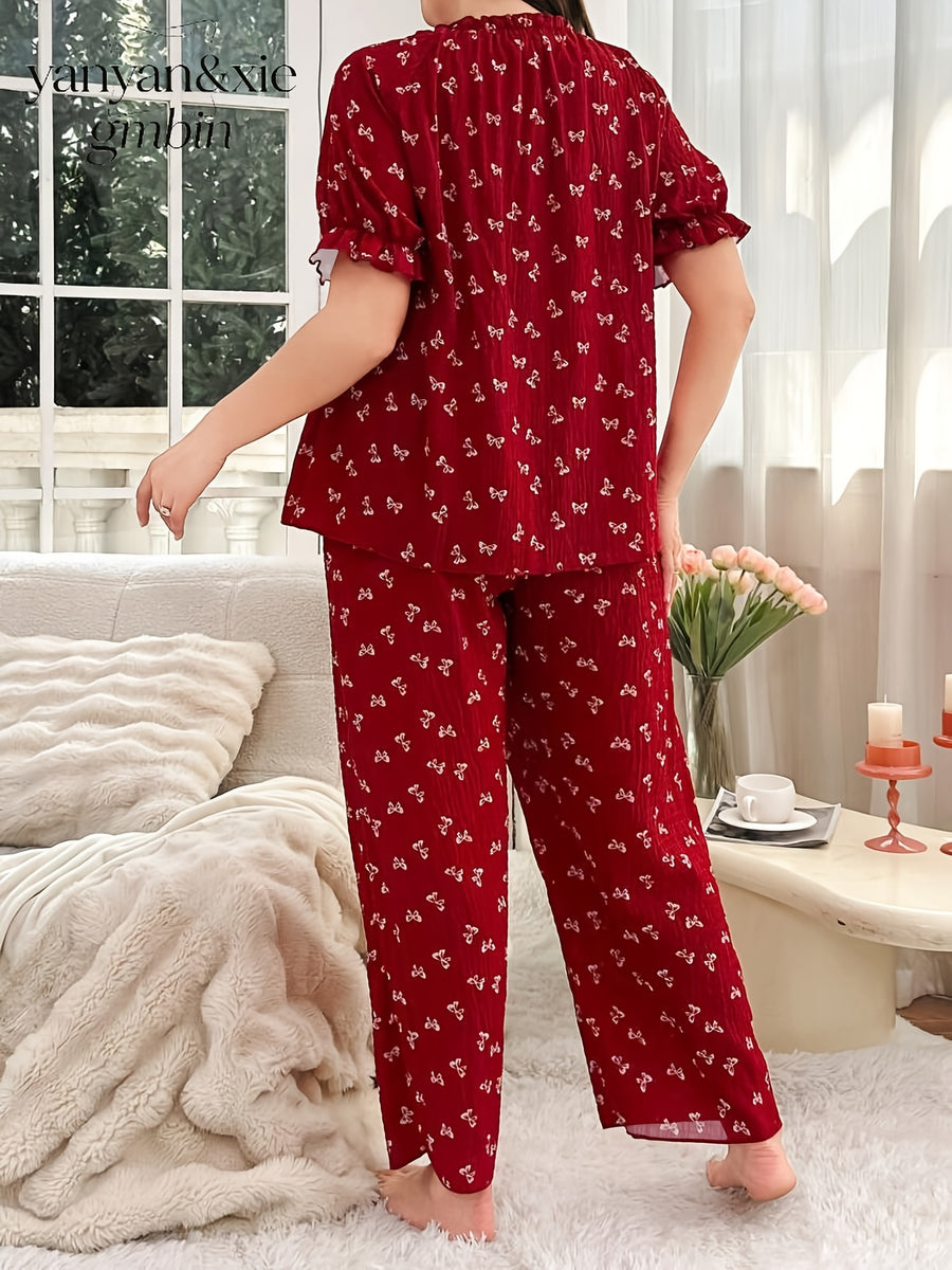 Plus Size Women'S Elegant Fashion Front Tie Bow Printed Short Sleeve Long Pants Home Wear Set - Red