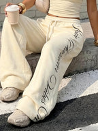 Women's Y2K Wide-Leg High-Waist Drawstring Palazzo Pants, Floor-Length Casual Trousers with Cursive English Letter Print on the Side, Loose-Fit Sweatpants, Trendy Street Style Flowy Joggers, Suitable for Spring, Summer, and Autumn Daily Outings - Mixed colors