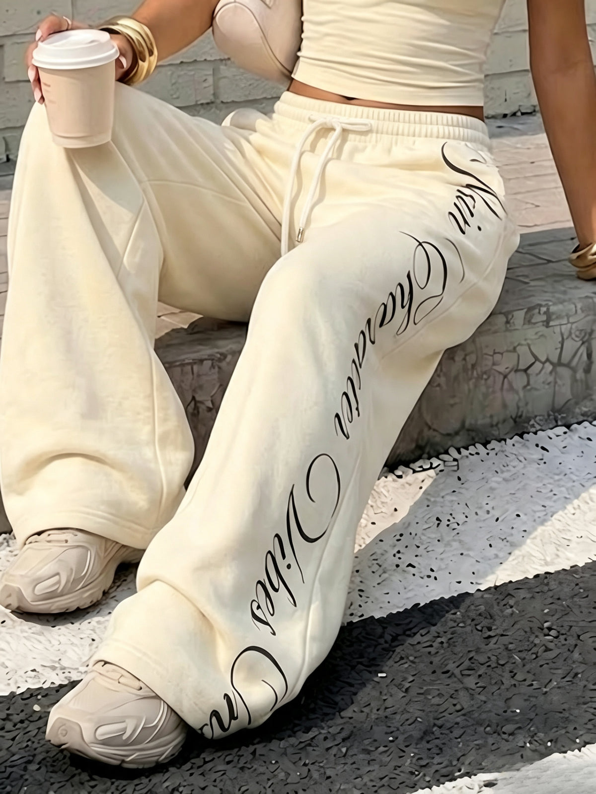 Women's Y2K Wide-Leg High-Waist Drawstring Palazzo Pants, Floor-Length Casual Trousers with Cursive English Letter Print on the Side, Loose-Fit Sweatpants, Trendy Street Style Flowy Joggers, Suitable for Spring, Summer, and Autumn Daily Outings - Mixed colors