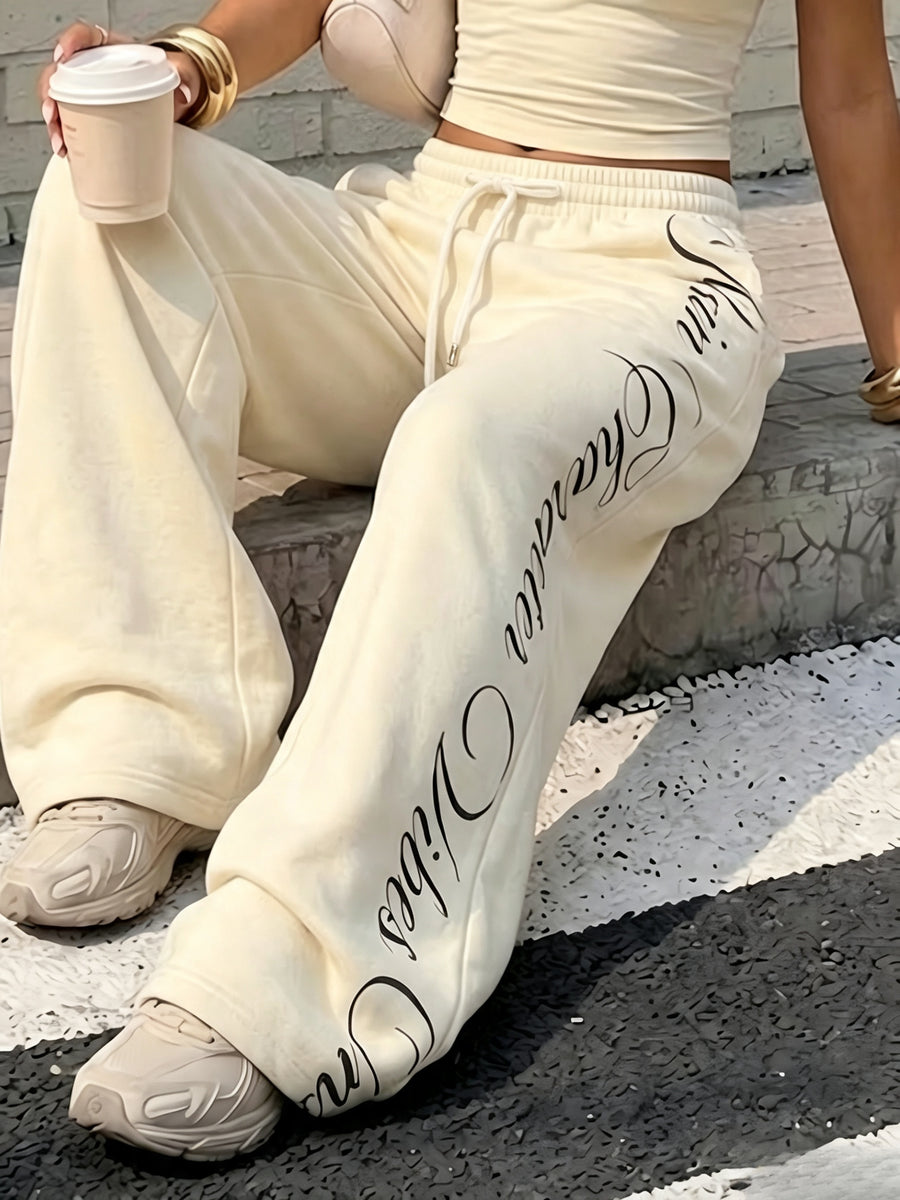 Women's Y2K Wide-Leg High-Waist Drawstring Palazzo Pants, Floor-Length Casual Trousers with Cursive English Letter Print on the Side, Loose-Fit Sweatpants, Trendy Street Style Flowy Joggers, Suitable for Spring, Summer, and Autumn Daily Outings - Mixed colors