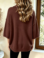 Plus Size, Women's Elegant Casual Cute Sexy Middle Eastern Style Spring Autumn Winter Solid Color V-Neck Batwing Sleeve Arc-Shaped Hem Slit Irregular Loose Soft Warm Shawl Cape Pullover Sweater Top - Coffee Color