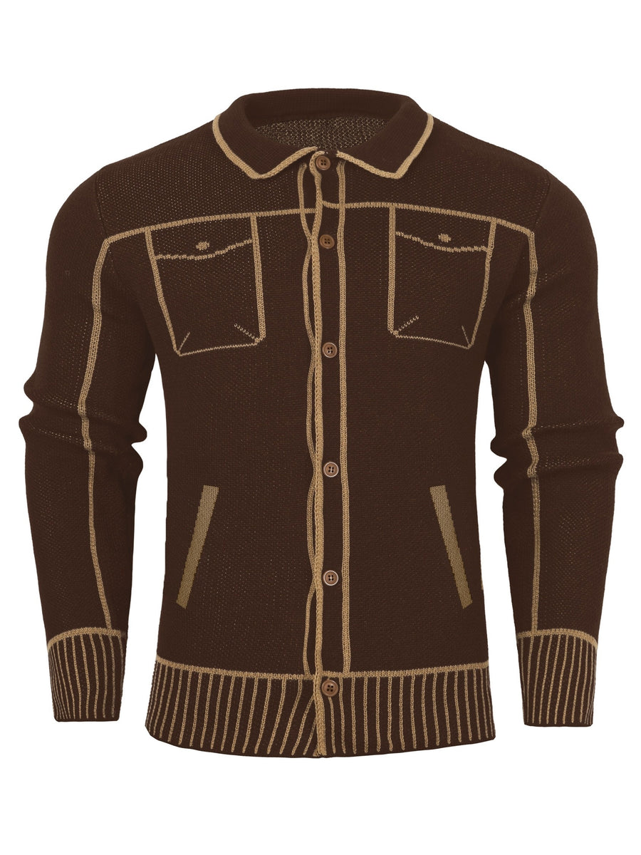 Men'S Casual Knit Cardigan, Fall Winter New Fashion Line Design Cardigan Sweater - Brown