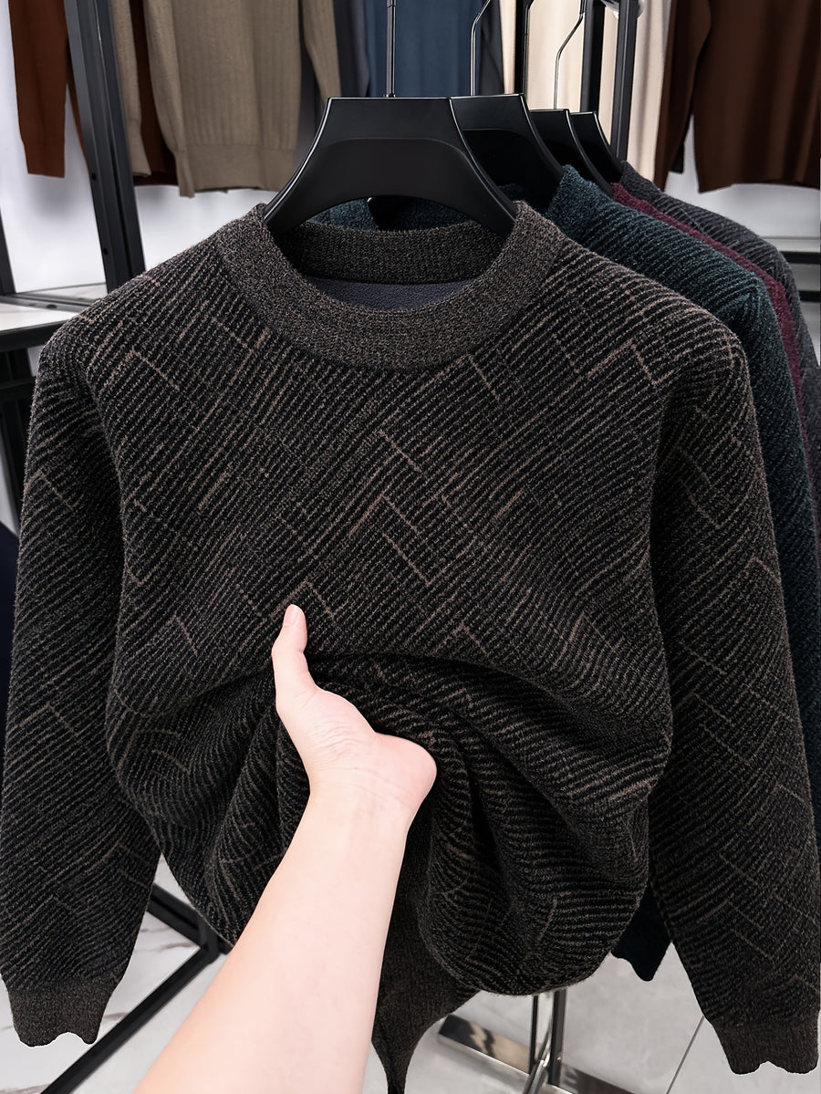 Men'S Semi-High Neck Sweater Autumn Winter Fleece Thick Warm Knitwear Middle-Aged Jacquard Pullover Base Layer - Coffee Color