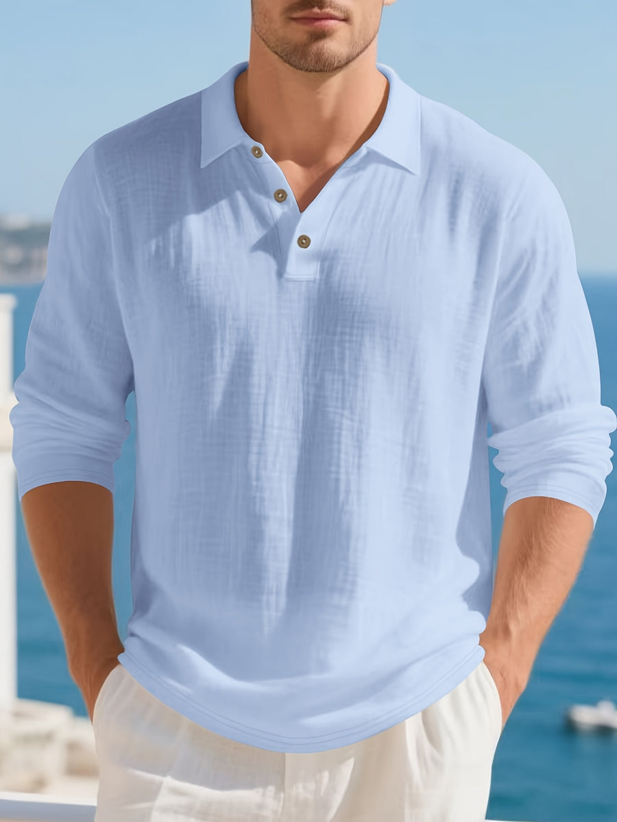 [Pearson OBM] Men'S Casual Fashion Breathable Soft Linen Texture Fabric Anti-Wrinkle Versatile Suitable for Daily Work Commuting Island Vacation Light Business Men'S Shirt - Sky Blue