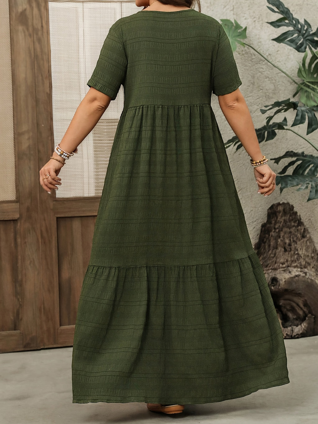 Plus Size - Plus Size - Plus Size Women'S Short Sleeve Maxi Dress, Suitable for Spring And Summer Women'S Clothing - Dark Green