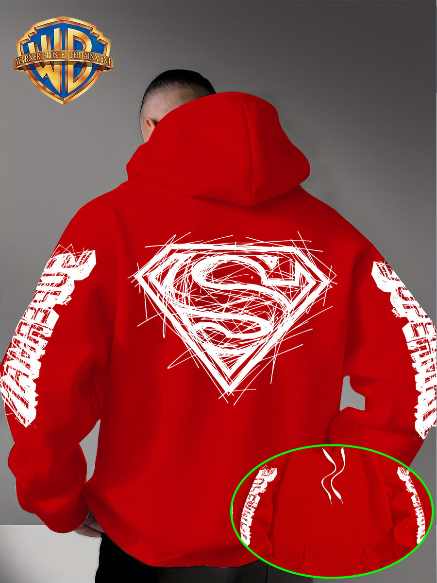 Warner Bros Official Superman Logo Print Men's Trendy Hooded Sweatshirt, Featuring Sleeve Print Design, Kangaroo Pocket, and Drawstring Hood, Suitable for Daily Wear in Autumn and Winter as Well as Outdoor Sports - a Must-have Item for Trend - Red