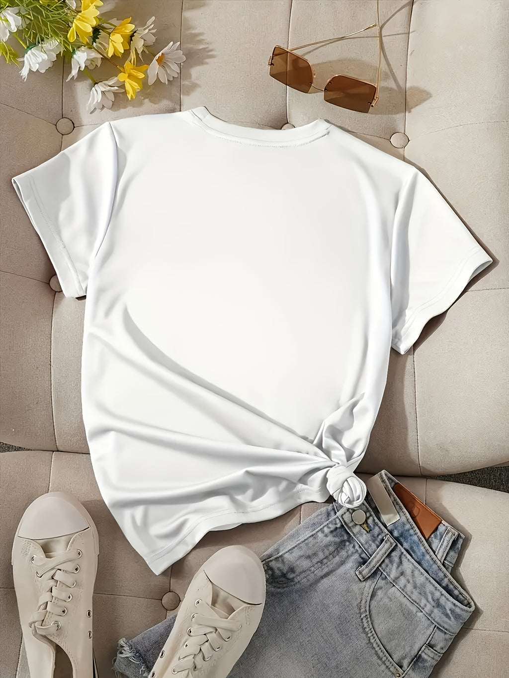 Women's Casual T-Shirt with "Coffee First" Print - White