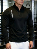 Men'S Casual Sports Polo Shirt - Breathable And High-Elastic Fabric, Slim Fit Letter Pattern Print Suitable for Gym, Running, Hiking And Leisure Wear, Quick-Drying Material, Fitness Equipment, Modern Sportswear, Fitness Sports - Black