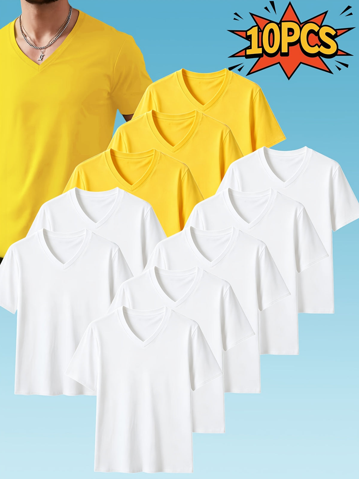 10pcs Men's Casual Knit Ribbed V-Neck T-Shirt / Soft and Comfortable Fabric / Short Sleeve / Solid Color / Crew Neck / Back-to-School Season, Casual Sporty Design Multi-pc Tops, Suitable for Summer Daily Wear - 7 white pieces + 3 yellow pieces