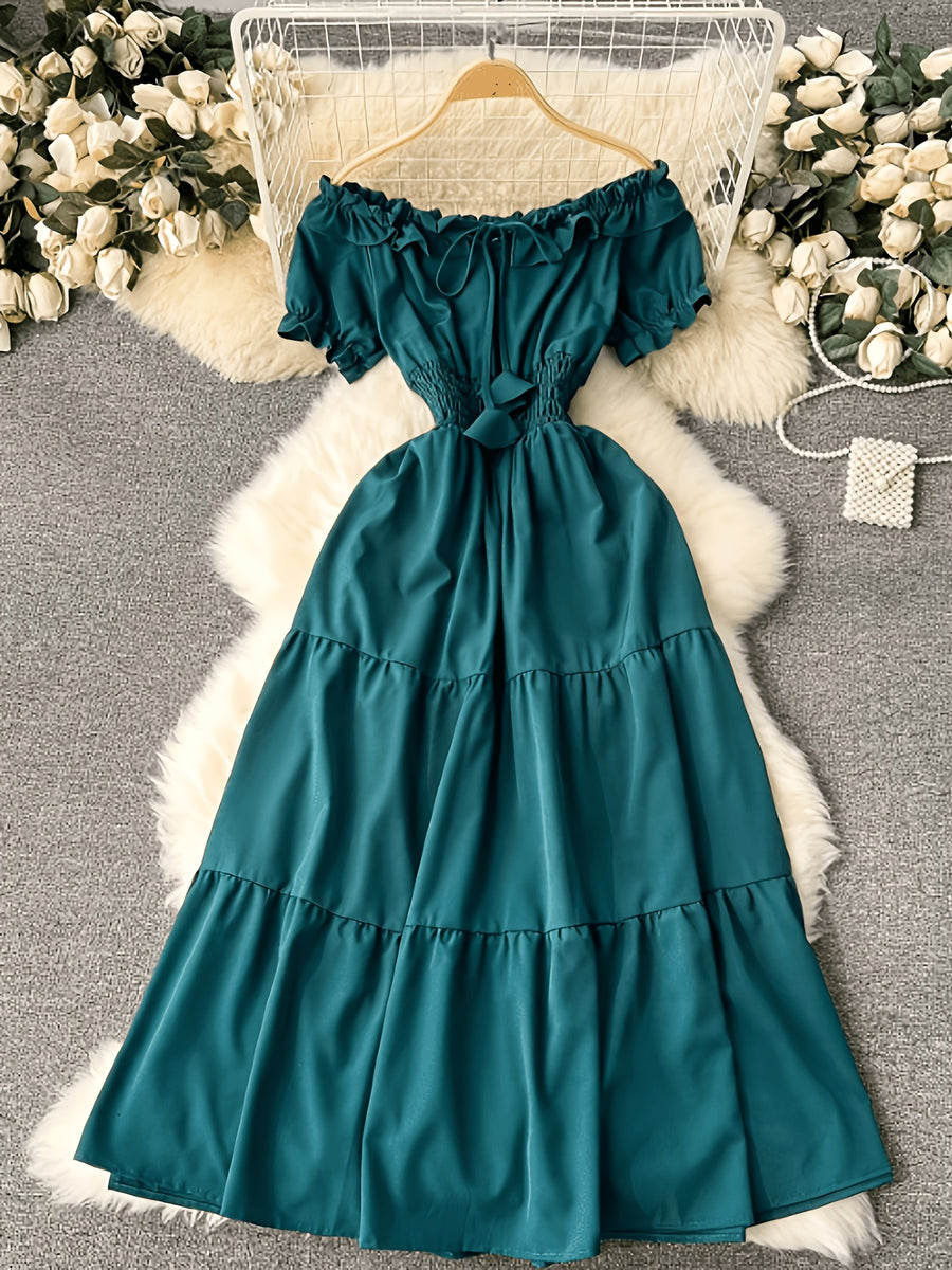 Spring/Summer French-Style Dress for Women, Solid Color, Elegant and Gentle Style, Off-Shoulder Neckline, Short Sleeves, Red Spliced Maxi Skirt, Puff Sleeves, Waist-Cinching Fairy Dress, Sweet Vacation Dress, Gavin - Dark Green