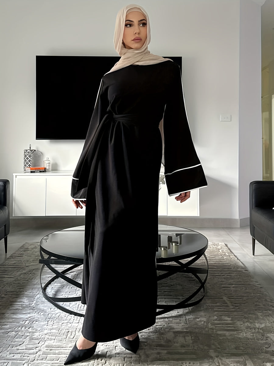 1pc Fashion Pullover Abaya, Simple Style Dress with Middle Eastern Muslim Conservative Belt - Black
