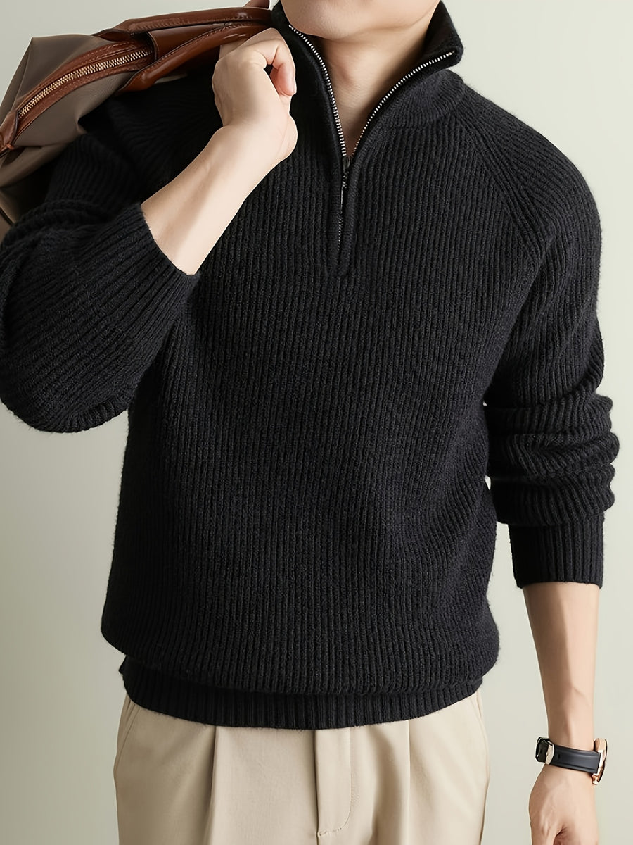 Men's Solid Gray Half-Zip Sweater with Stand Collar & Raglan Sleeves - Warm Winter Knit Pullover, Loose Fit Vertical Rib Texture Suitable for Casual and Light Business Wear, Machine Washable Fall/Winter Sweater - Black