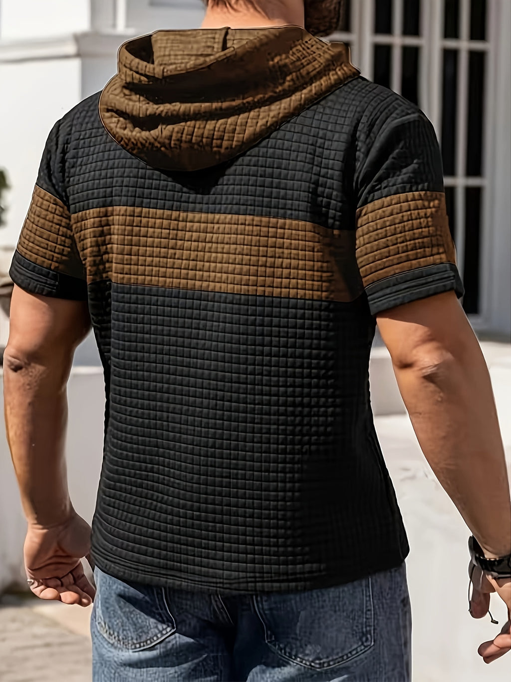 Men'S Summer Essential Hooded Short Sleeve T-Shirt, Casual Loose Fit, Breathable And Wrinkle-Resistant Fabric, Durable And Non-Deformable, Drawstring Hood Design, Arched Hem for Body Shaping, Statement Color Block for Trendy Appeal - Camel