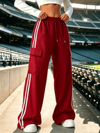 All-Season Contrast High-Waist Casual Women'S Trousers with Pockets, Straight Loose Style, Versatile Cargo Athletic Long Pants - Deep Red