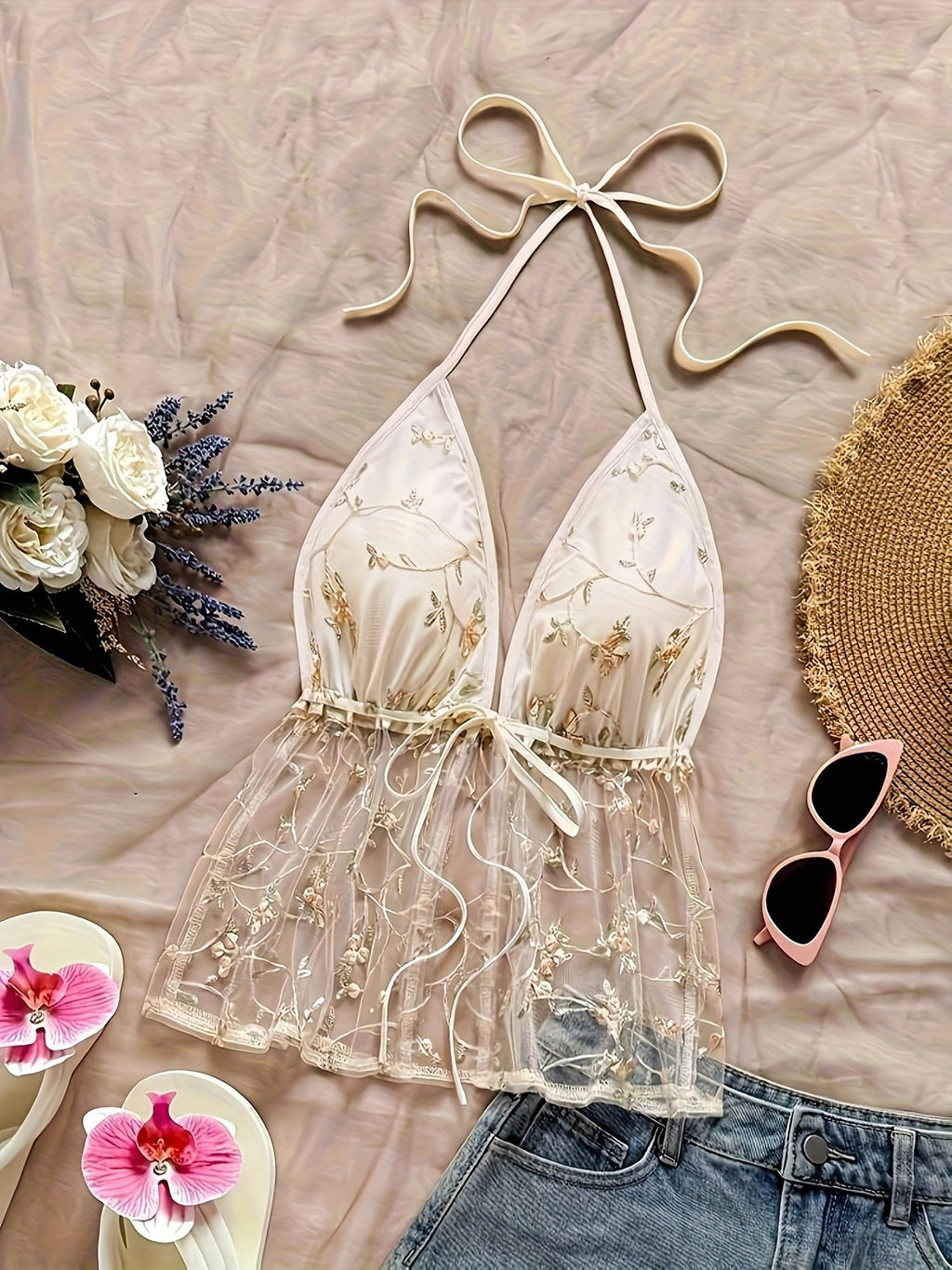 Style Mesh Floral Texture Cute Top - Apricot