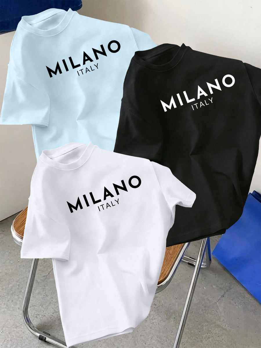 3pcs Set Men's Pure Cotton Short-Sleeve Crew Neck T-Shirt with Milan, Italy Pattern, Suitable for Daily Casual Wear, Comfortable, Soft, Breathable, Summer Essential - White+Black+Light Blue