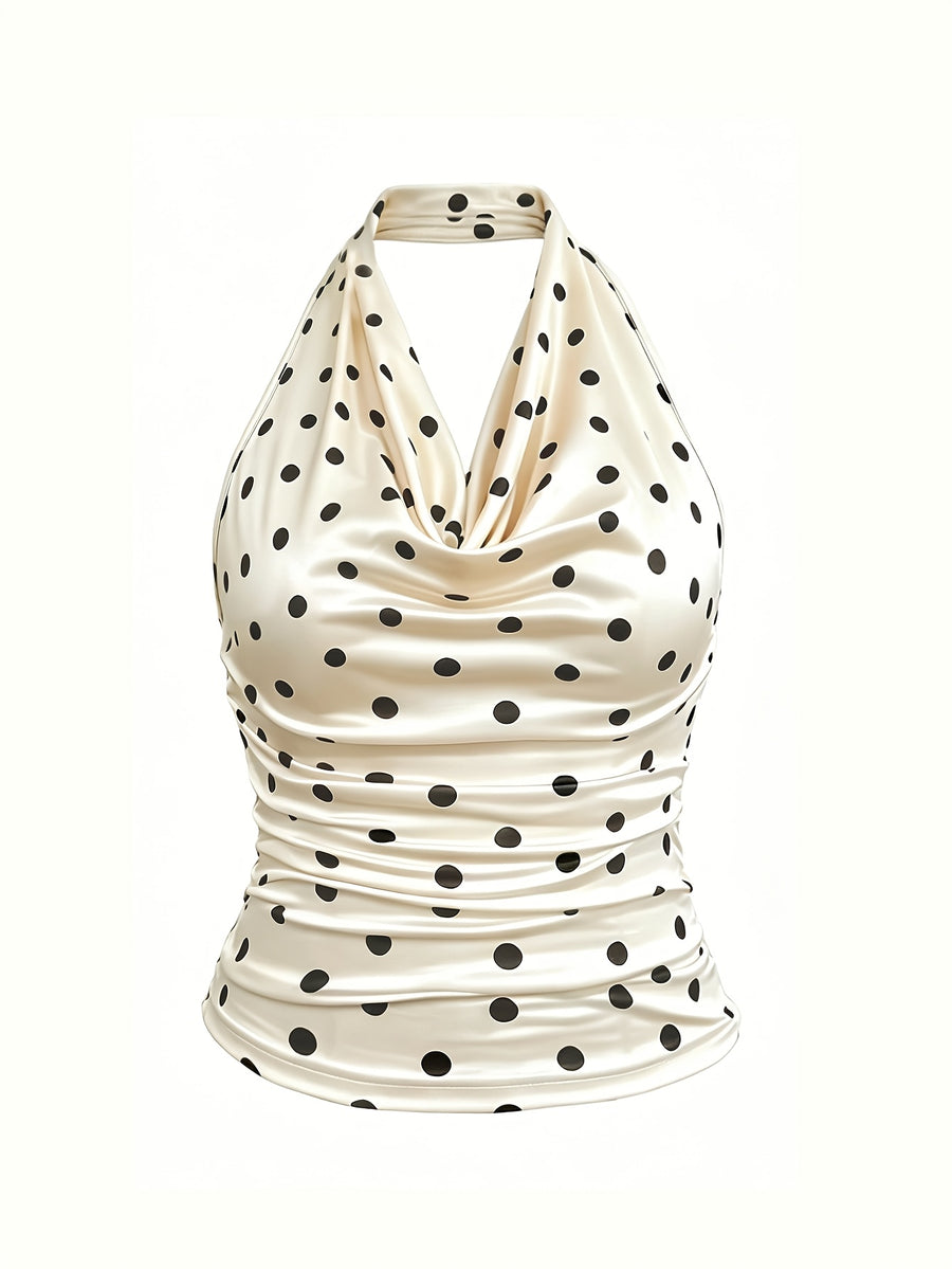 Women's Elegant Polka Dot Halter Neck Top, Summer Vacation Style, Fashionable Sweet and Versatile Sexy Party Outfit, Spring/Summer Collection - Apricot