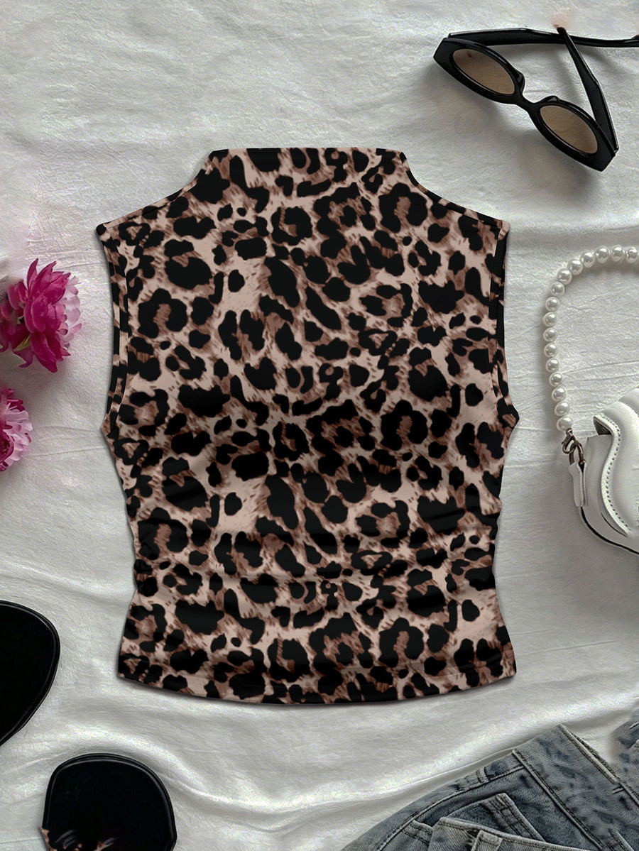 Women's Spring/Summer New Arrival Special Vintage Daily Casual Print Mock Neck Sleeveless Fitted Tank Top - Coffee Brown