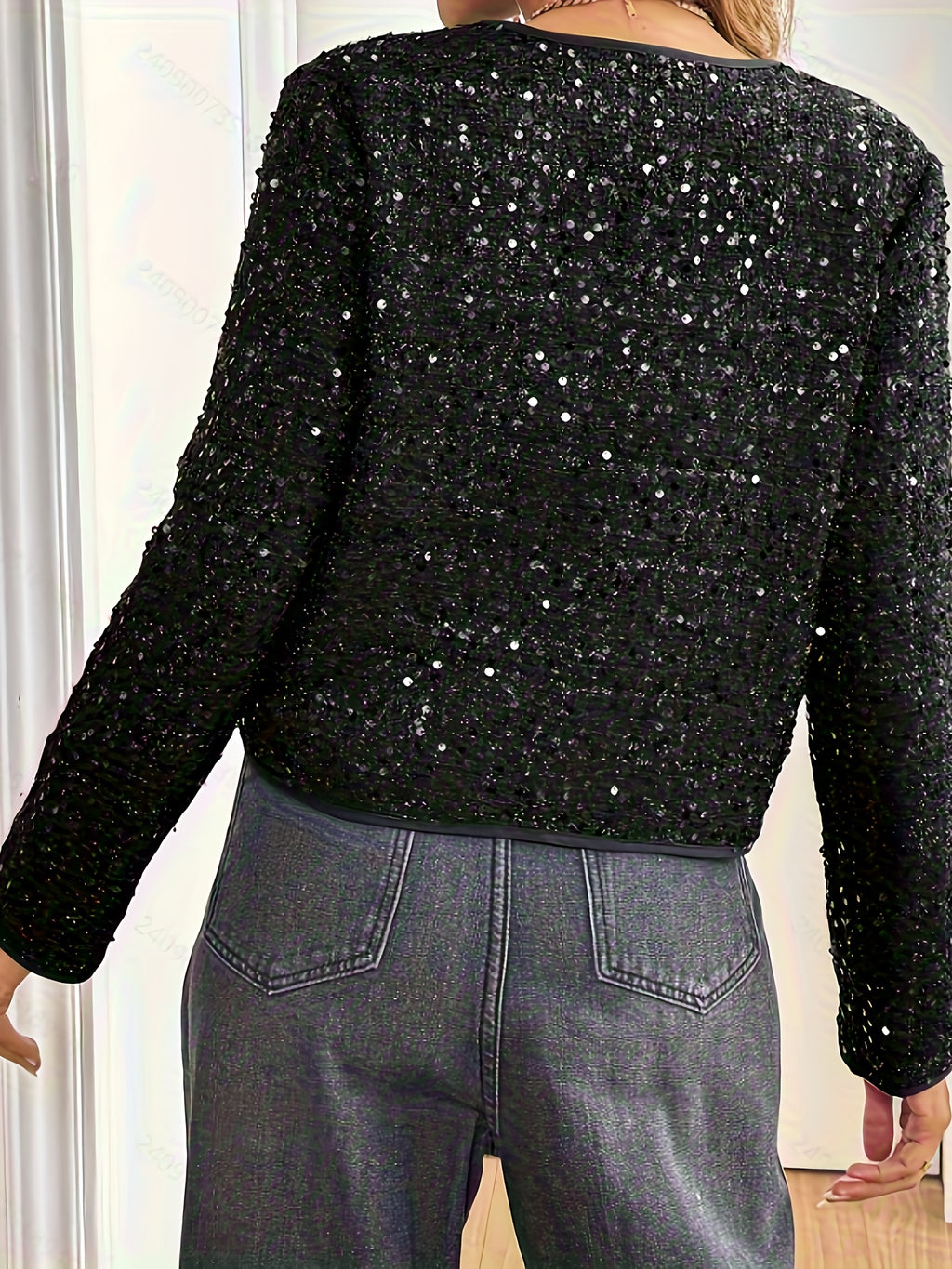 A Short Jacket in Tweed with Sequins, Featuring Golden Buttons, Stylish And Flattering - Black
