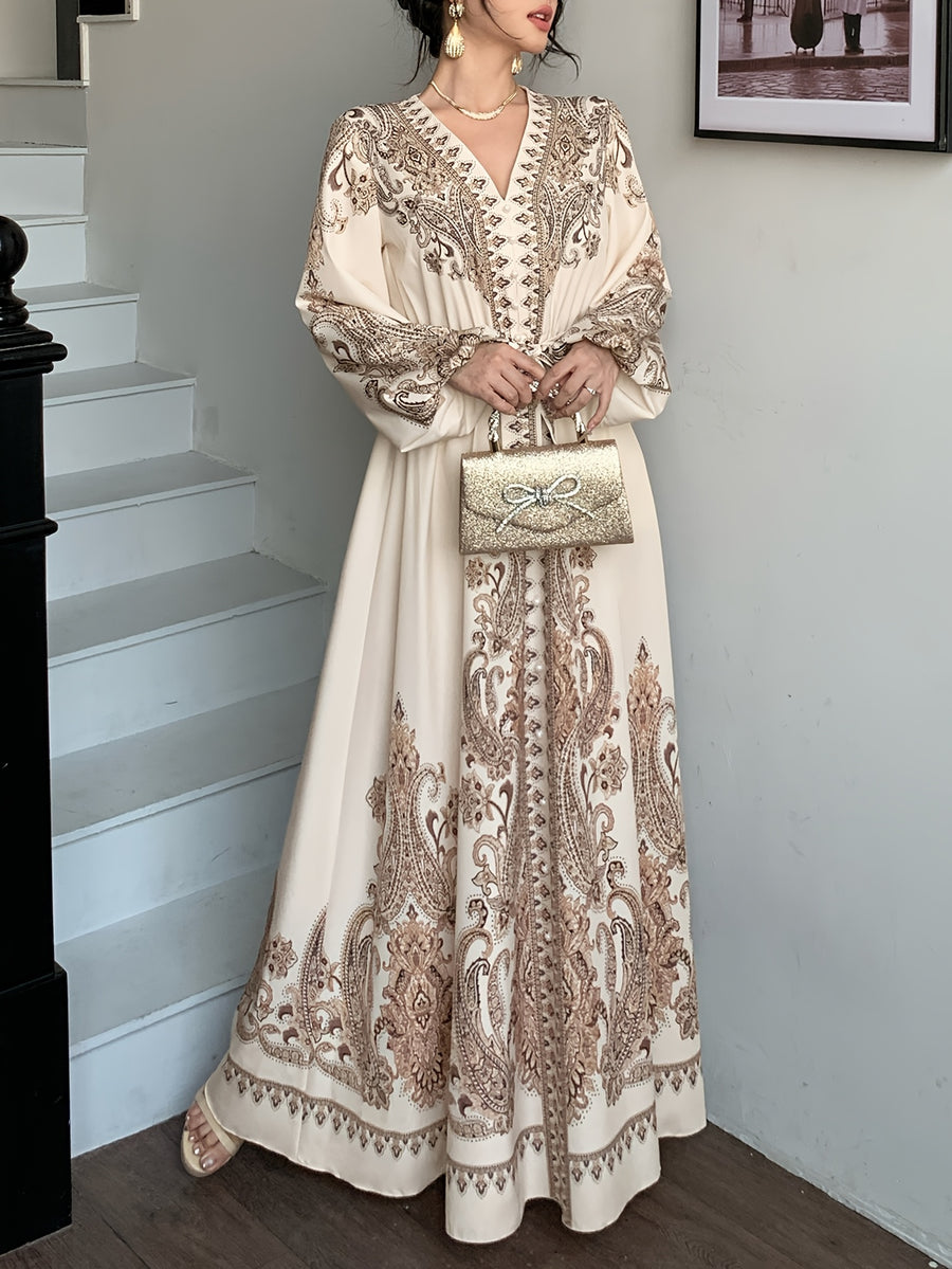 Women'S Elegant Paisley Print Long Sleeve Maxi Dress, V-Neck Bohemian Style Long Shirt Robe, Retro Floral A-Line Party Dress, Dignified Long Dress - Apricot Brown