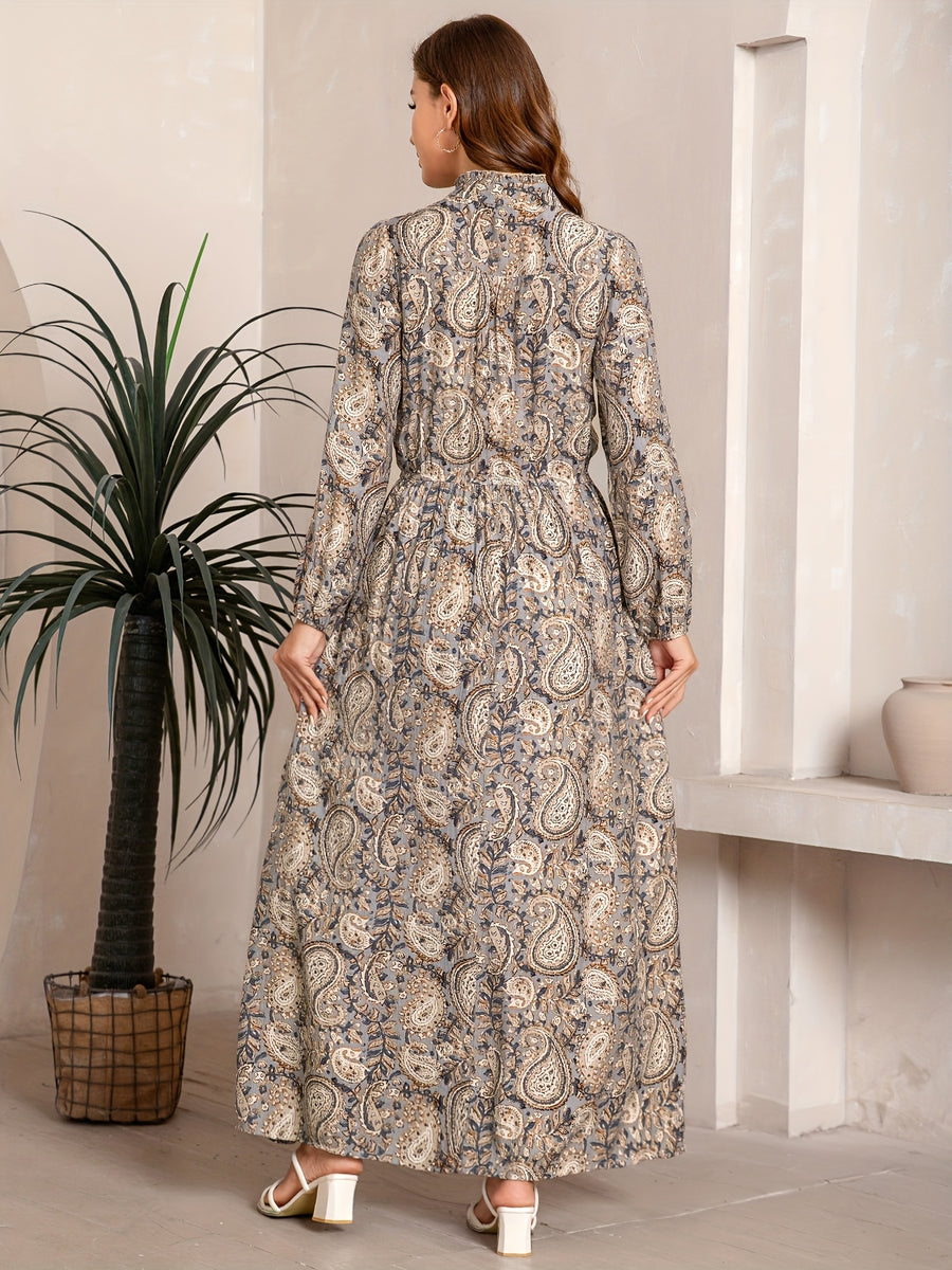 Middle Eastern Spring/Summer Drawstring Waist Long Sleeve Bow Dress Women'S Elegant Casual Artistic Vintage Vacation Bohemian Style Retro Robe - Light Cyan