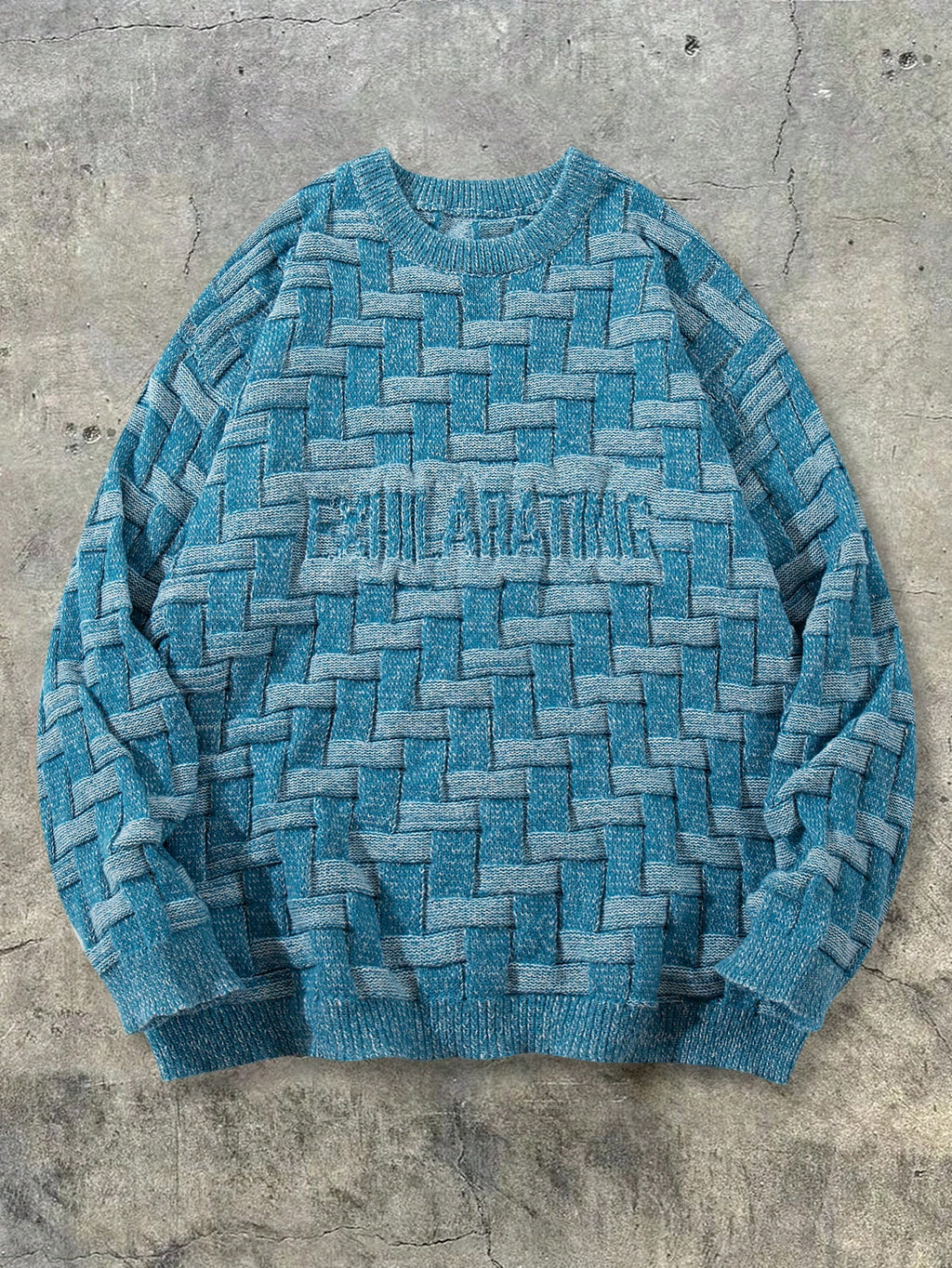 Autumn/Winter Men's Textured Pattern Crew Neck Pullover Basic Casual Korean Style Versatile Loose Fabric Top - Light Blue