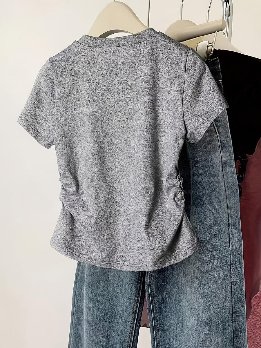 Summer: Regular Shoulder Slim-Fit Irregular T-Shirt with Ruched Curved Waistline for a Effect - Grey