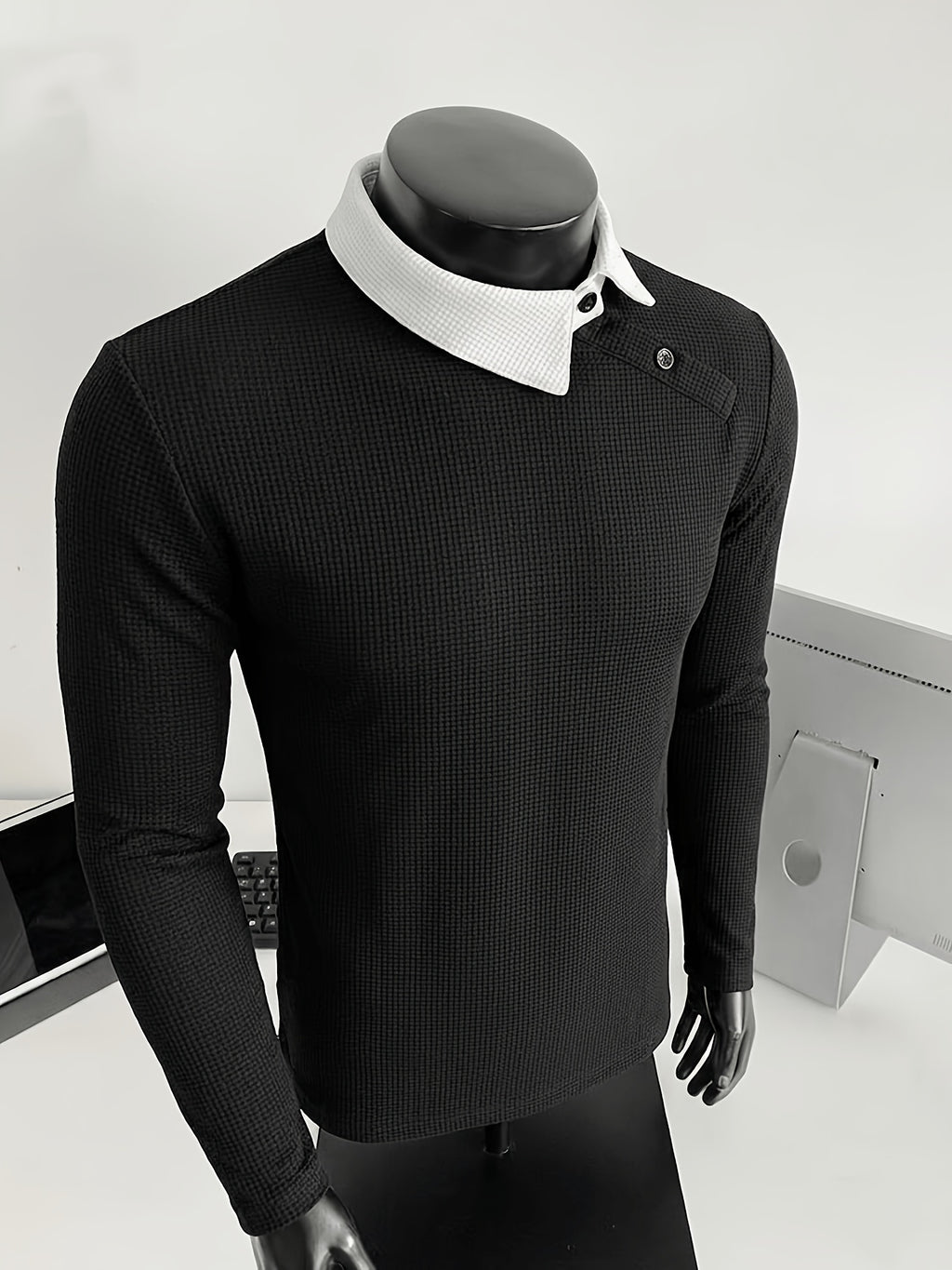 Men's Side-Button Collar Irregular Lapel Knit Long-Sleeve T-Shirt, Contrast-Color Lapel, Slim Fit, High-End Light Business Casual Top - Black