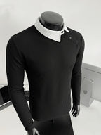 Men's Side-Button Collar Irregular Lapel Knit Long-Sleeve T-Shirt, Contrast-Color Lapel, Slim Fit, High-End Light Business Casual Top - Black