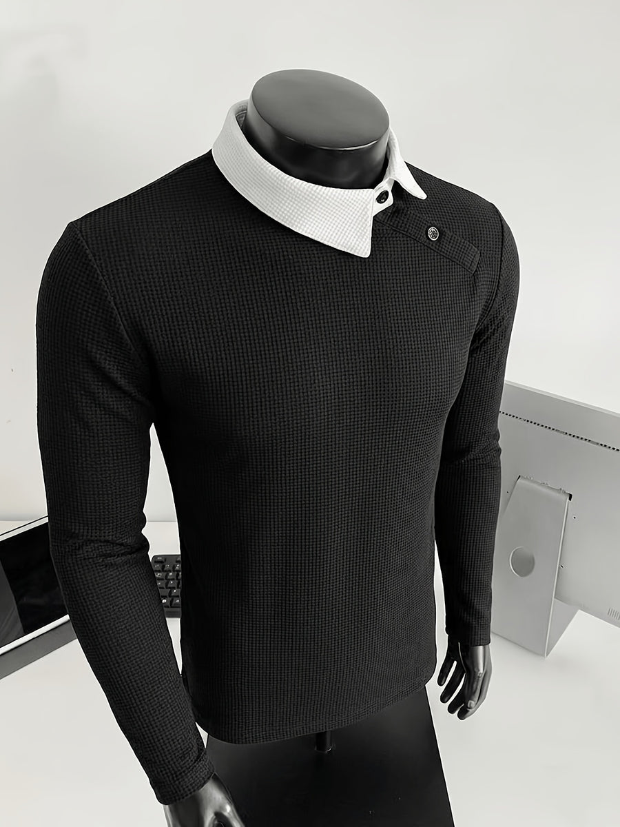 Men's Side-Button Collar Irregular Lapel Knit Long-Sleeve T-Shirt, Contrast-Color Lapel, Slim Fit, High-End Light Business Casual Top - Black