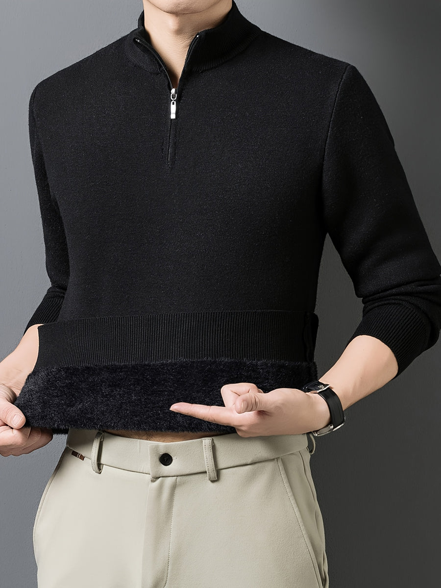 1pc Men'S Solid Color Small Stand Collar Knit Pullover Autumn Winter Zipper Casual Fleece Warm Top - Black