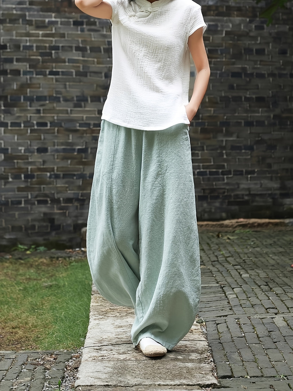 Plus Size Oversized Pocket Design Loose Straight-Leg Pants, Solid Color Minimalist Fashion Style, Suitable for Summer And Spring Wear - Powder blue